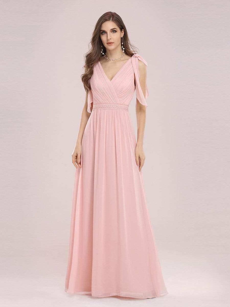 Color=Pink | Romantic Sleek V Neck High Waist Chiffon Bridesmaid Dress-Pink 1