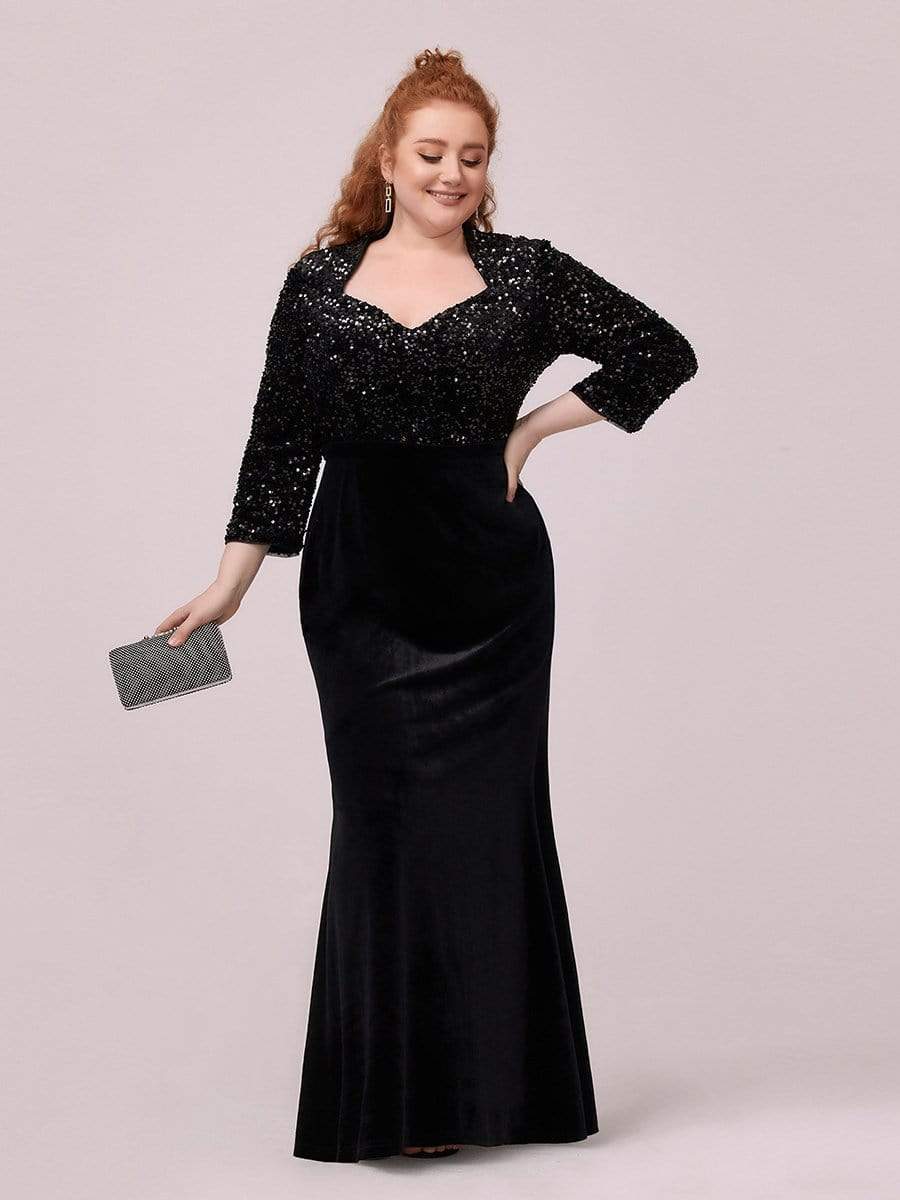 Color=Black | Plus Size Maxi Mermaid Velvet & Sequin Evening Dress-Black 3