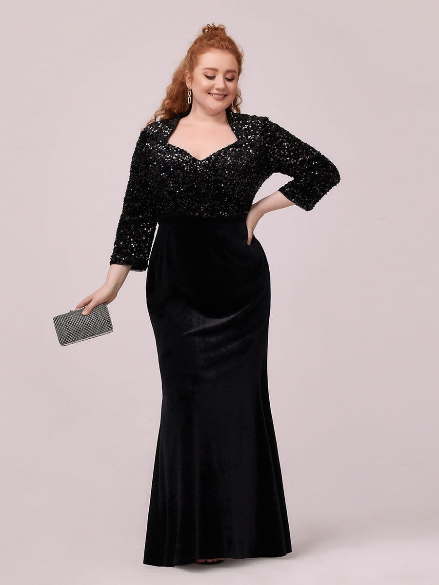 Color=Black | Women'S Hot Maxi Fishtail Velvet & Sequin Evening Dress-Black 3