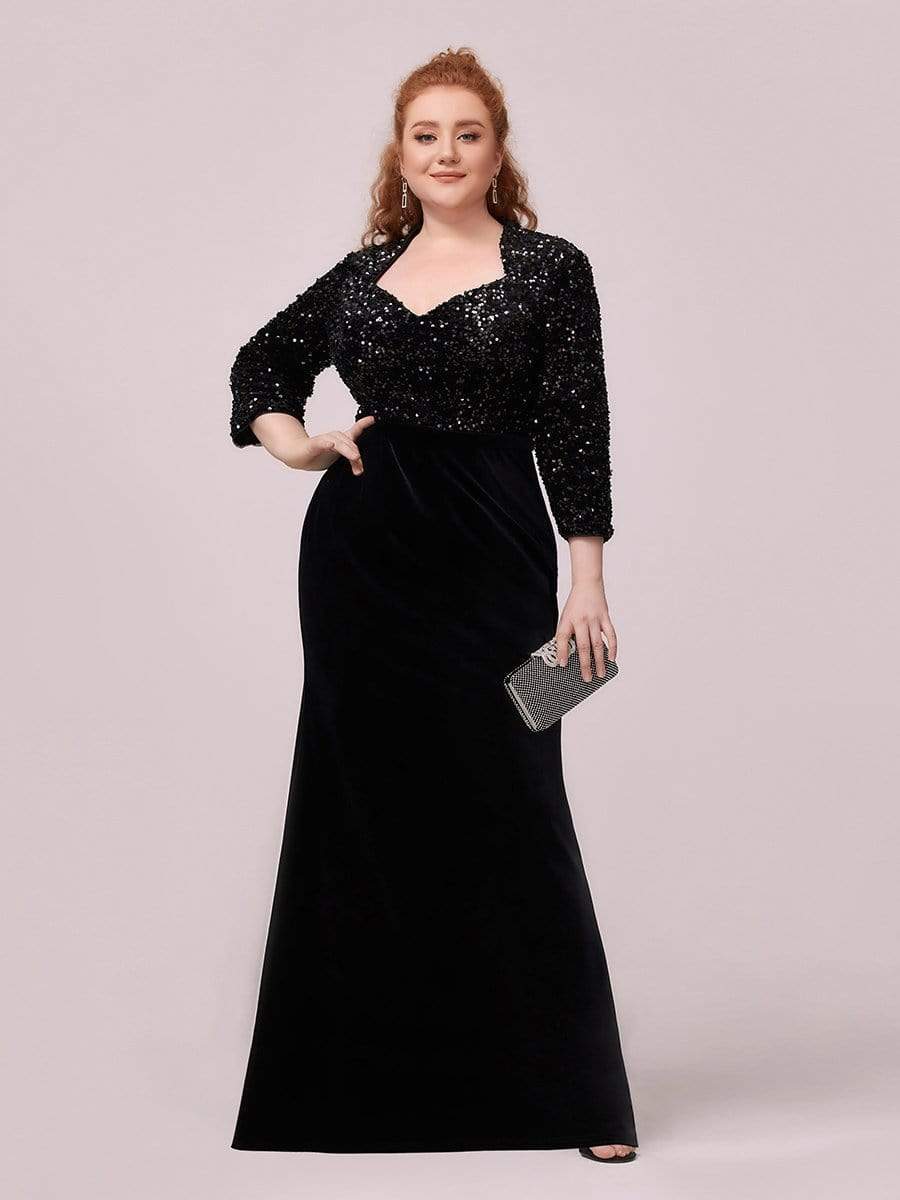 Color=Black | Plus Size Maxi Mermaid Velvet & Sequin Evening Dress-Black 4