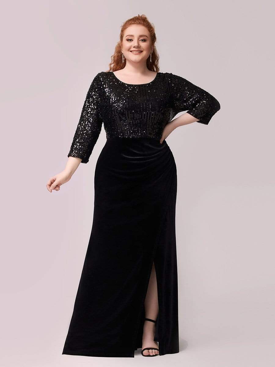 Color=Black | Fashion Mermaid Maxi Plus Size Velvet Evening Dress-Black 1