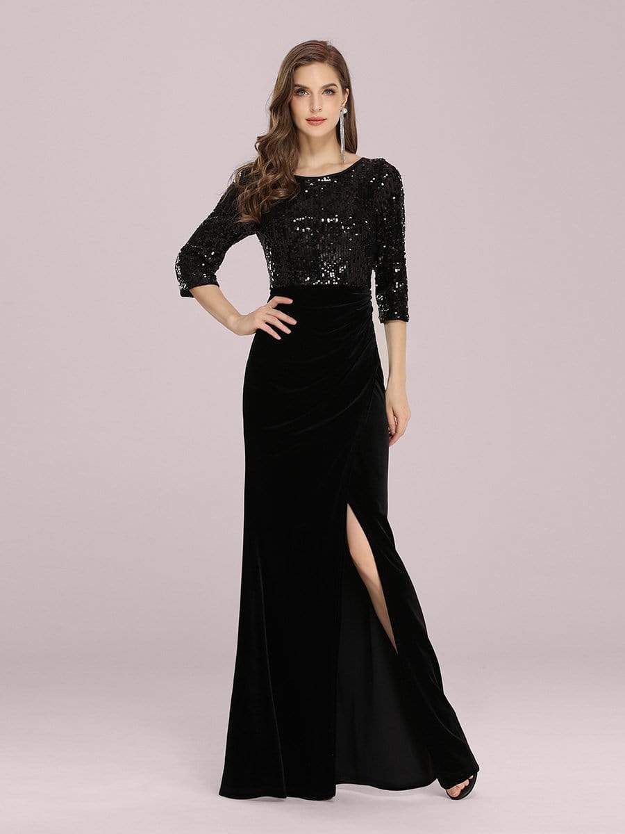 Color=Black | Stunning Mermaid Floor Length Velvet Evening Dress With Sequin-Black 1