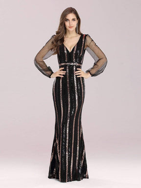 Color=Black | Shiny Mermaid Sequin Evening Dress With See-Through Sleeves-Black 4