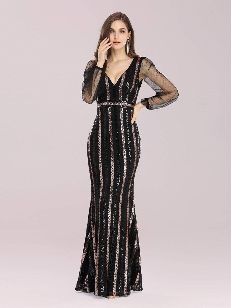 Color=Black | Shiny Mermaid Sequin Evening Dress With See-Through Sleeves-Black 1