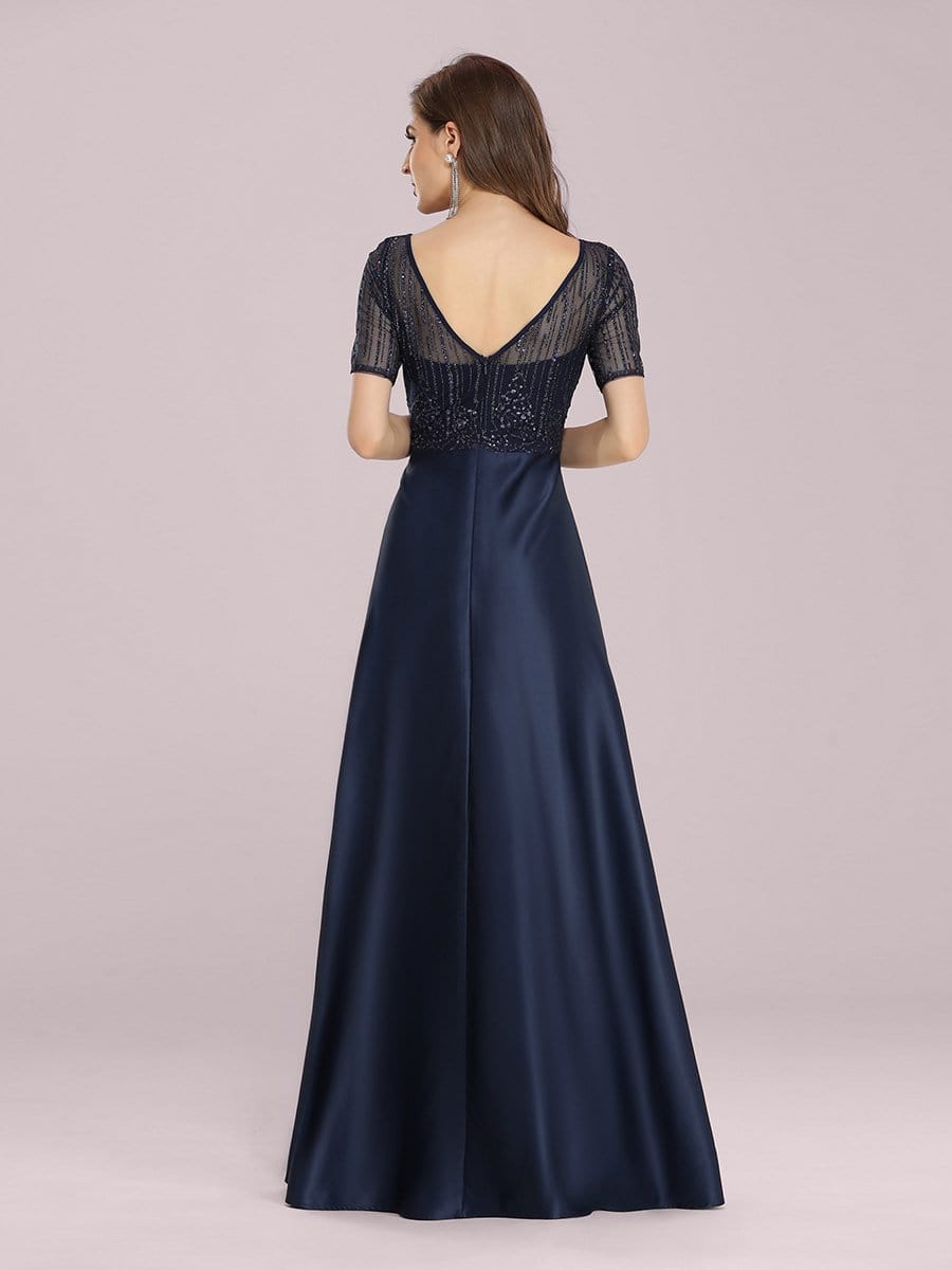 Color=Navy Blue | Modest Deep V Neck Maxi Evening Dress With Appliques-Navy Blue 2