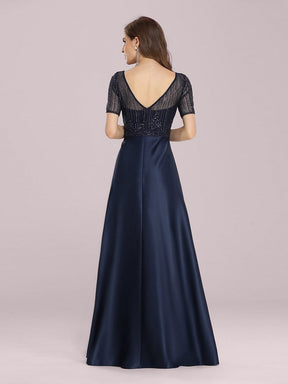 Color=Navy Blue | Modest Deep V Neck Maxi Evening Dress With Appliques-Navy Blue 2