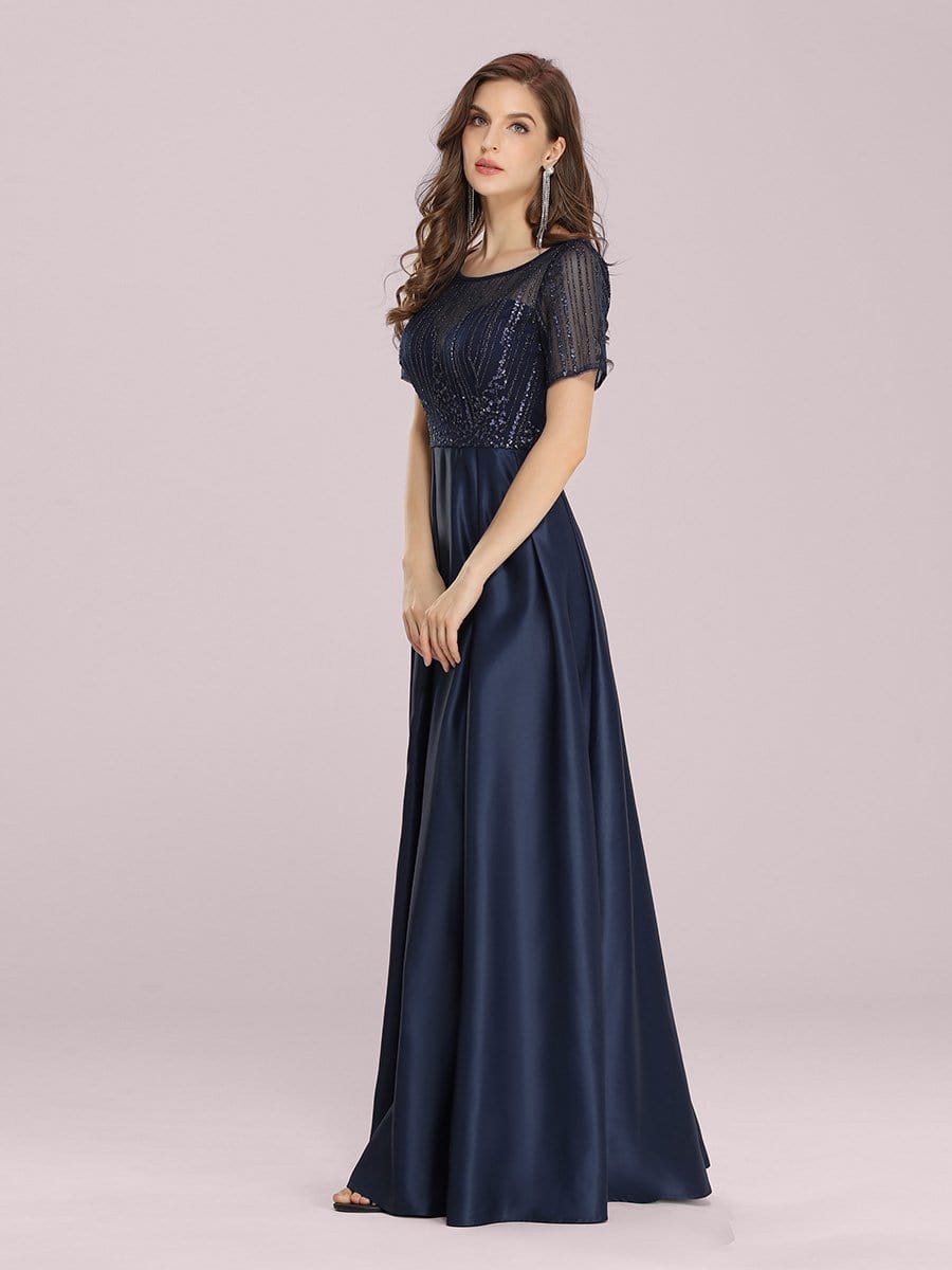 Color=Navy Blue | Modest Deep V Neck Maxi Evening Dress With Appliques-Navy Blue 3