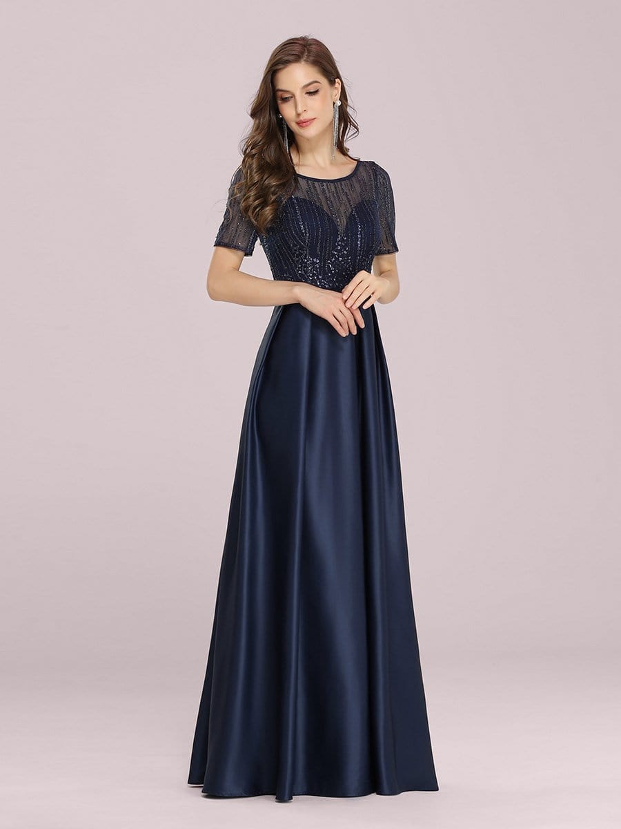 Color=Navy Blue | Modest Deep V Neck Maxi Evening Dress With Appliques-Navy Blue 4