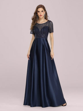 Color=Navy Blue | Modest Deep V Neck Maxi Evening Dress With Appliques-Navy Blue 1