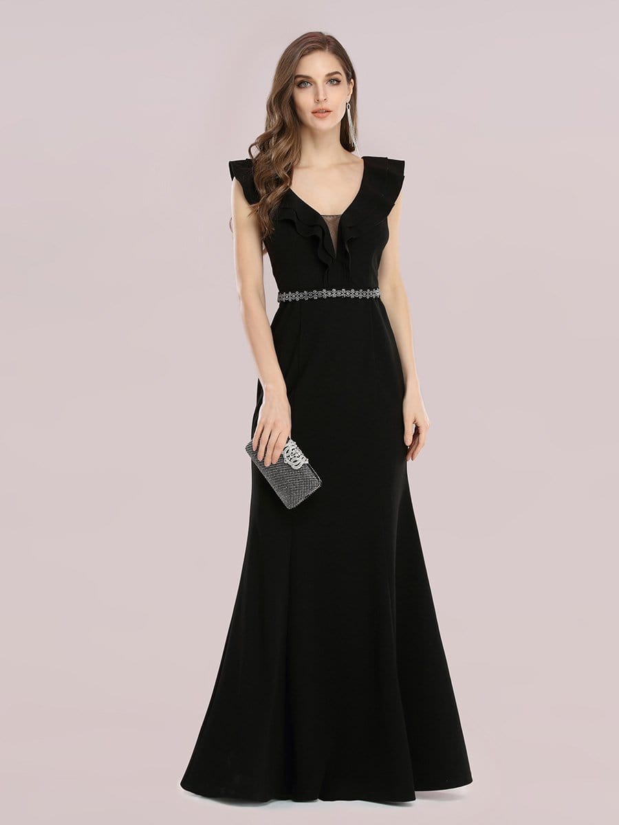 Color=Black | Deep V Neck Fishtail Evening Dress With Hot Drill Belt-Black 3