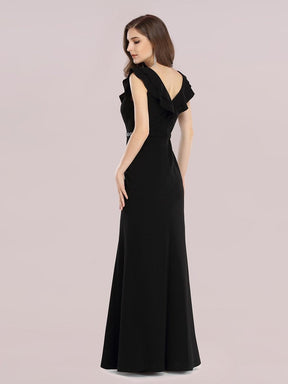 Color=Black | Deep V Neck Fishtail Evening Dress With Hot Drill Belt-Black 2