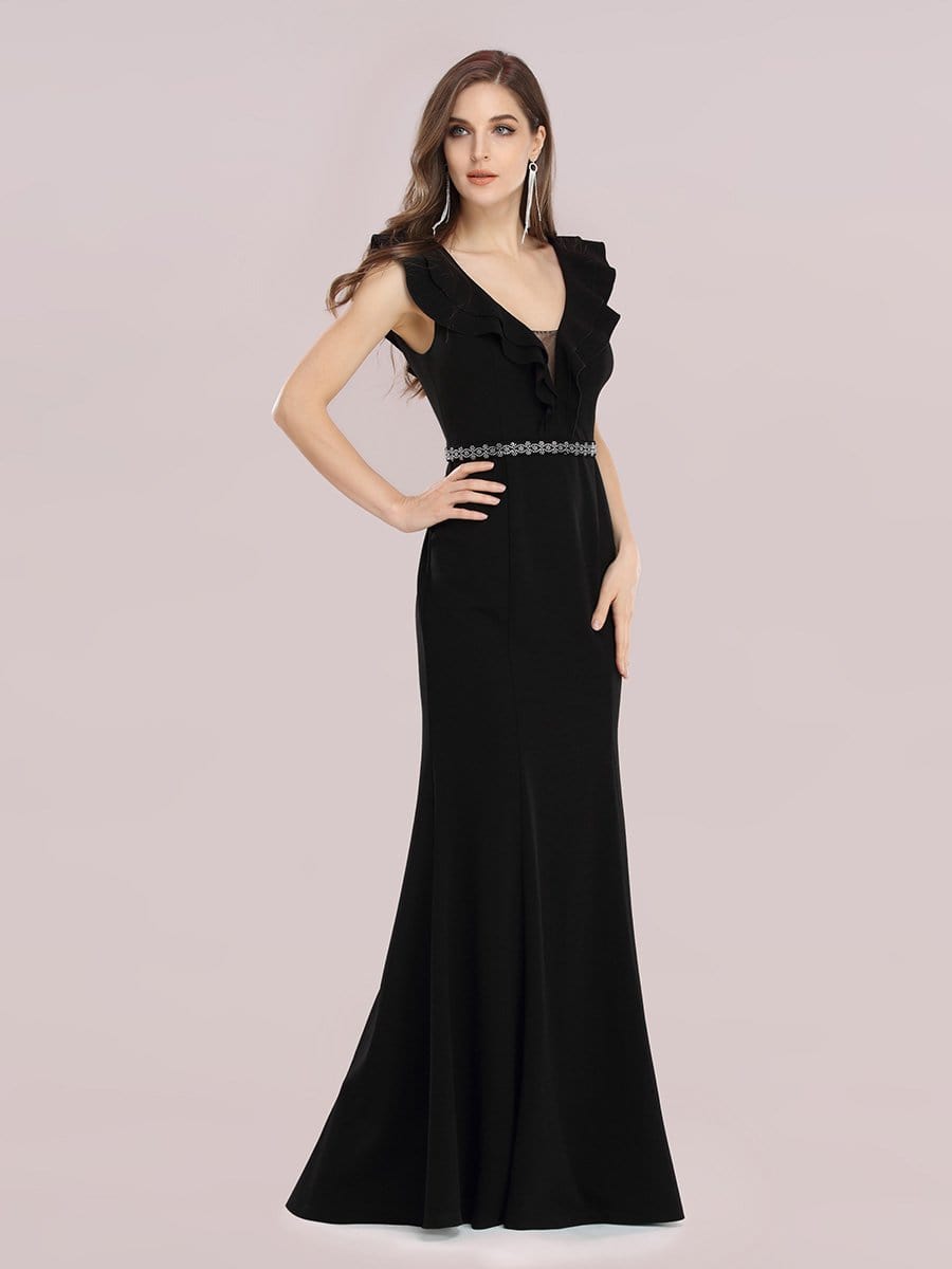 Color=Black | Deep V Neck Fishtail Evening Dress With Hot Drill Belt-Black 4