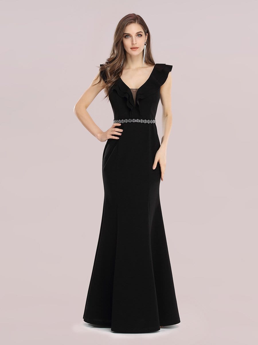 Color=Black | Deep V Neck Fishtail Evening Dress With Hot Drill Belt-Black 1