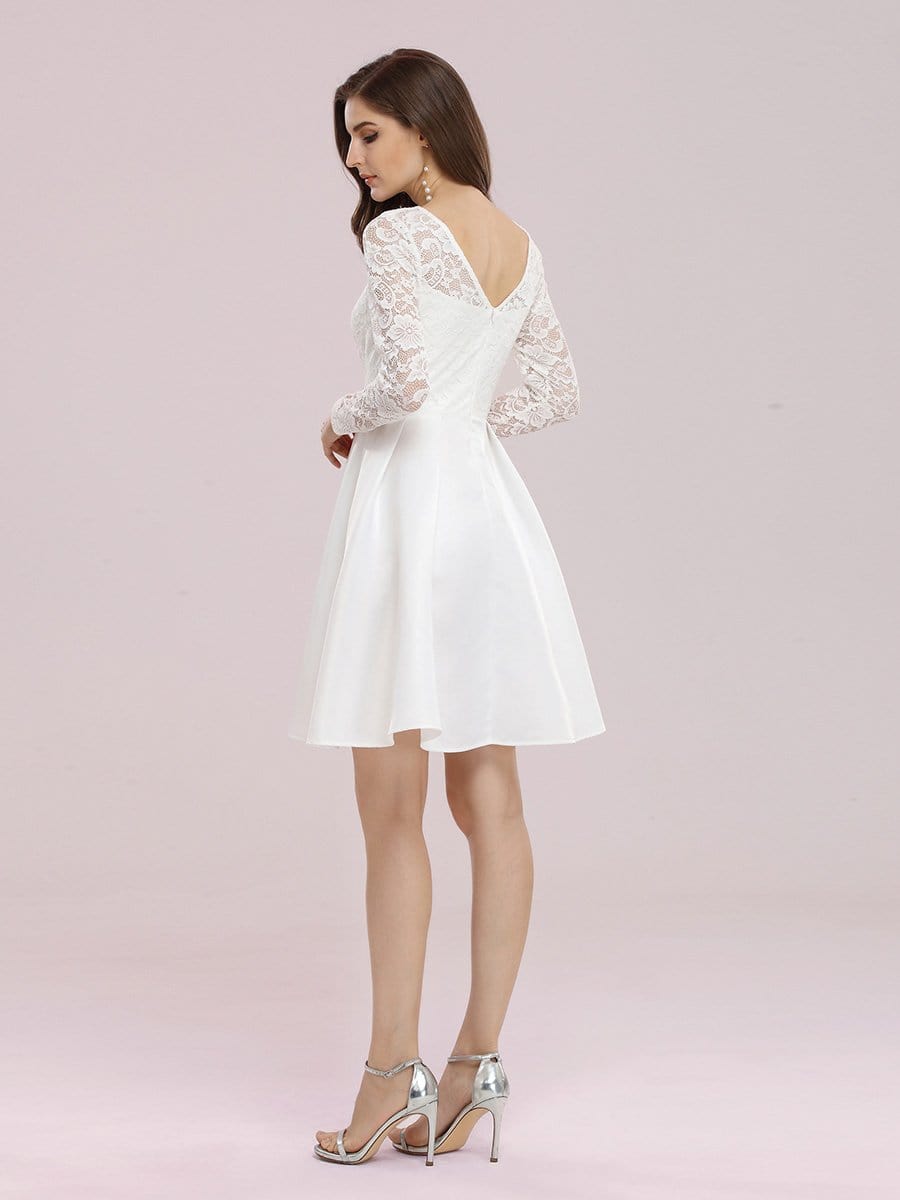 Color=Cream | Sweet Round Neck Lace & Satin A-Line Short Wedding Dress-Cream 2