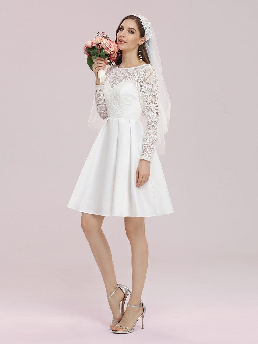 Color=Cream | Sweet Round Neck Lace & Satin A-Line Short Wedding Dress-Cream 1