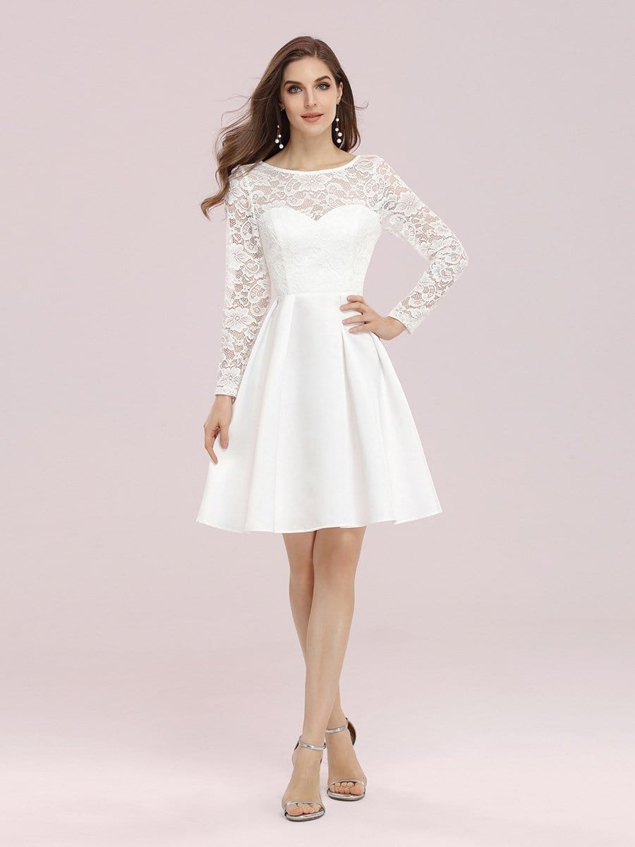 Color=Cream | Sweet Round Neck Lace & Satin A-Line Short Wedding Dress-Cream 4