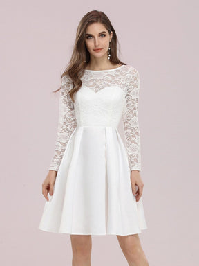 Color=Cream | Sweet Round Neck Lace & Satin A-Line Short Wedding Dress-Cream 3