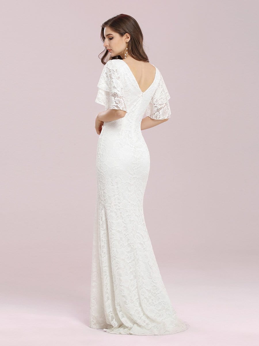 Color=Cream | Romantic V Neck Mermaid Wedding Dress With Flutter Sleeves-Cream 2