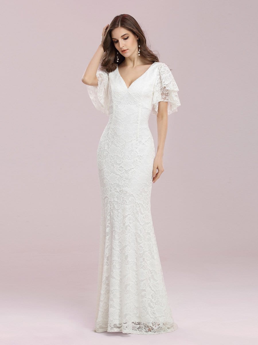 Color=Cream | Romantic V Neck Mermaid Wedding Dress With Flutter Sleeves-Cream 4
