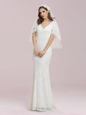 Color=Cream | Romantic V Neck Mermaid Wedding Dress With Flutter Sleeves-Cream 1