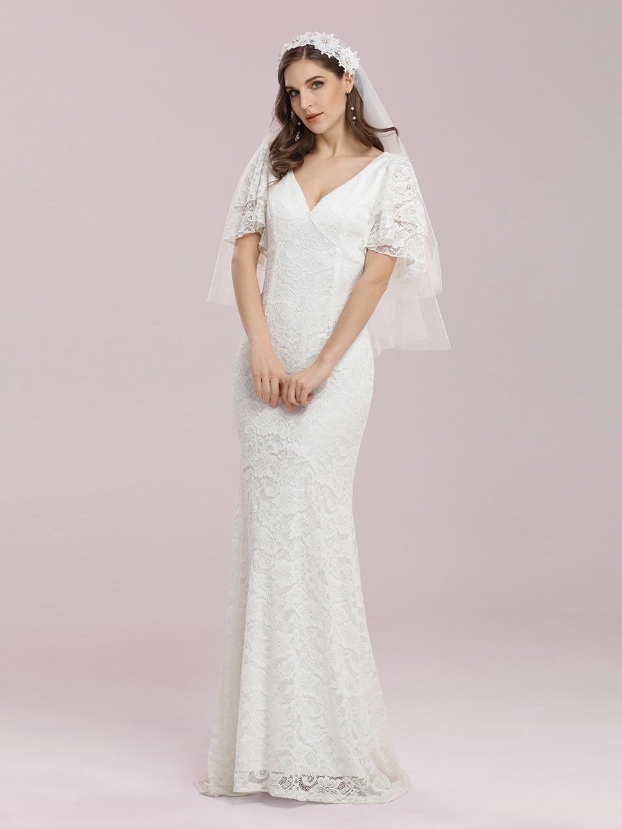 Color=Cream | Romantic V Neck Mermaid Wedding Dress With Flutter Sleeves-Cream 1