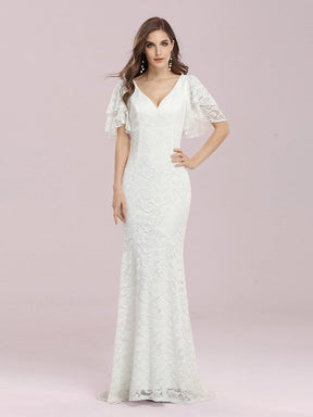 Color=Cream | Romantic V Neck Mermaid Wedding Dress With Flutter Sleeves-Cream 3
