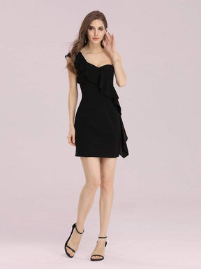 Color=Black | Sexy One Shoulder Short Mini Cocktail Dress With Ruffles-Black 3