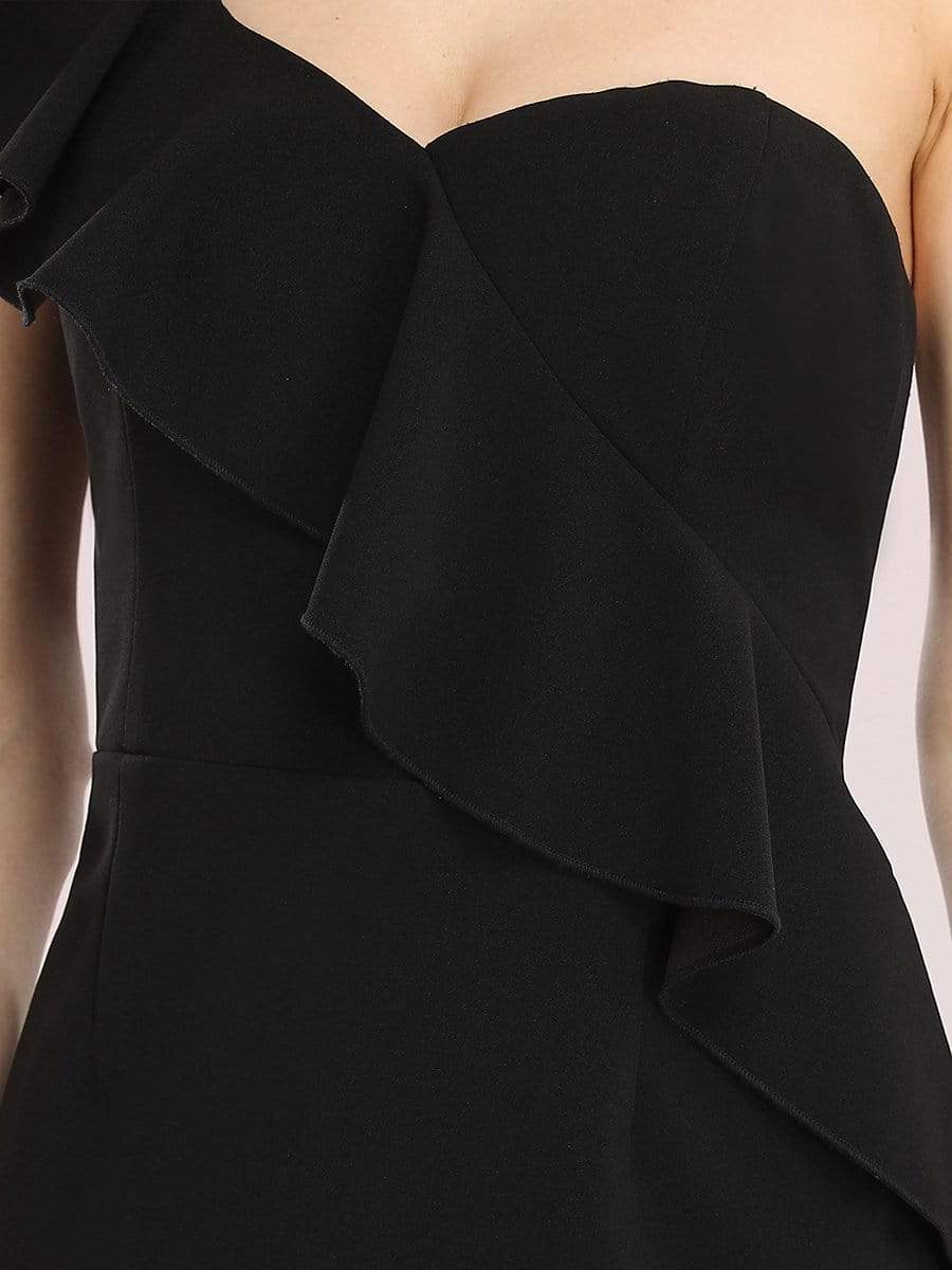 Color=Black | Sexy One Shoulder Short Mini Cocktail Dress With Ruffles-Black 5