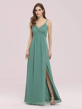Color=Green Bean | Women'S Simple V Neck Chiffon Bridesmaid Dress With Side Split-Green Bean 3