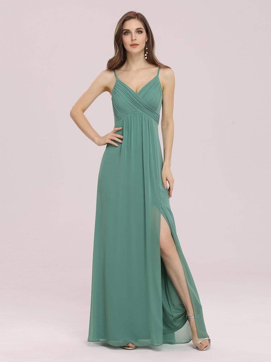 Color=Green Bean | Women'S Simple V Neck Chiffon Bridesmaid Dress With Side Split-Green Bean 1