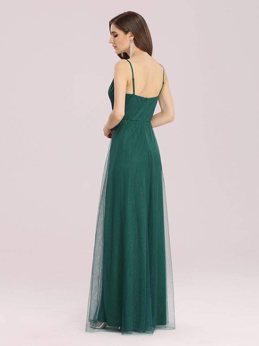 Color=Dark Green | Simple Deep V Neck A-Line Maxi Evening Dress With Appliques Belt-Dark Green 2