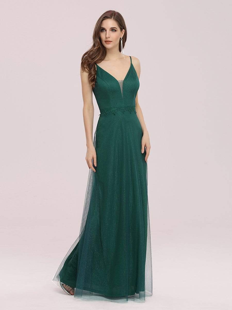 Color=Dark Green | Simple Deep V Neck A-Line Maxi Evening Dress With Appliques Belt-Dark Green 3