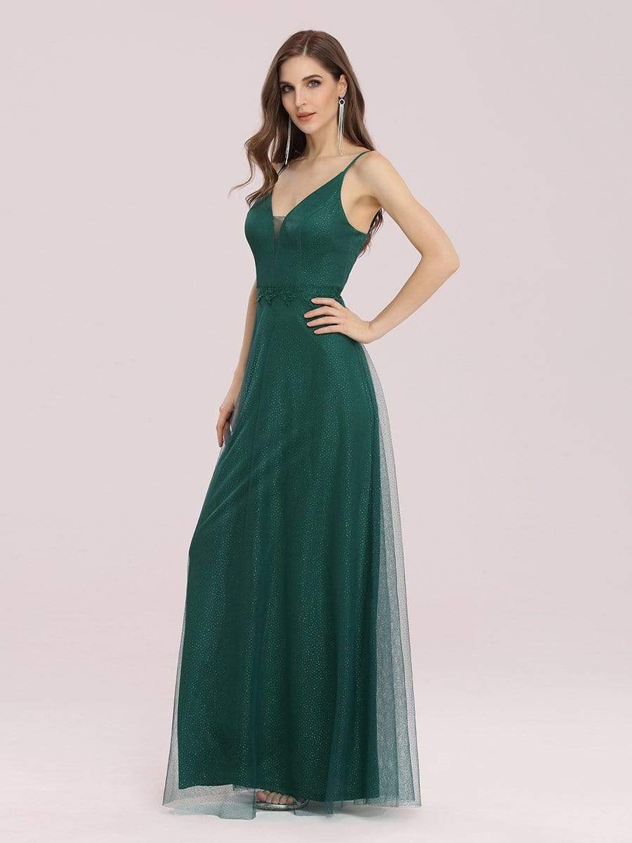 Color=Dark Green | Simple Deep V Neck A-Line Maxi Evening Dress With Appliques Belt-Dark Green 4