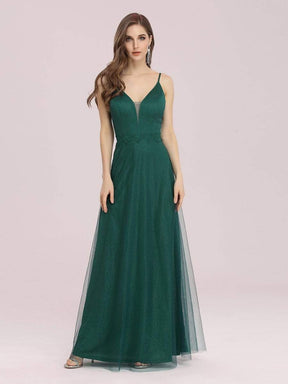 Color=Dark Green | Simple Deep V Neck A-Line Maxi Evening Dress With Appliques Belt-Dark Green 1