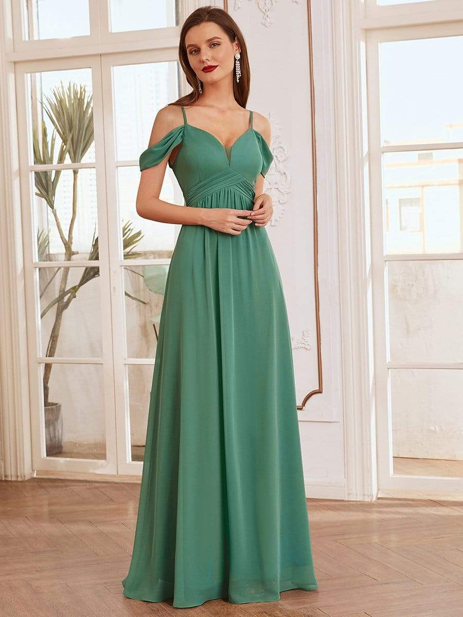 Color=Green Bean | Fancy Cold Shoulder Simple Chiffon Maxi Bridesmaid Dress-Green Bean 1