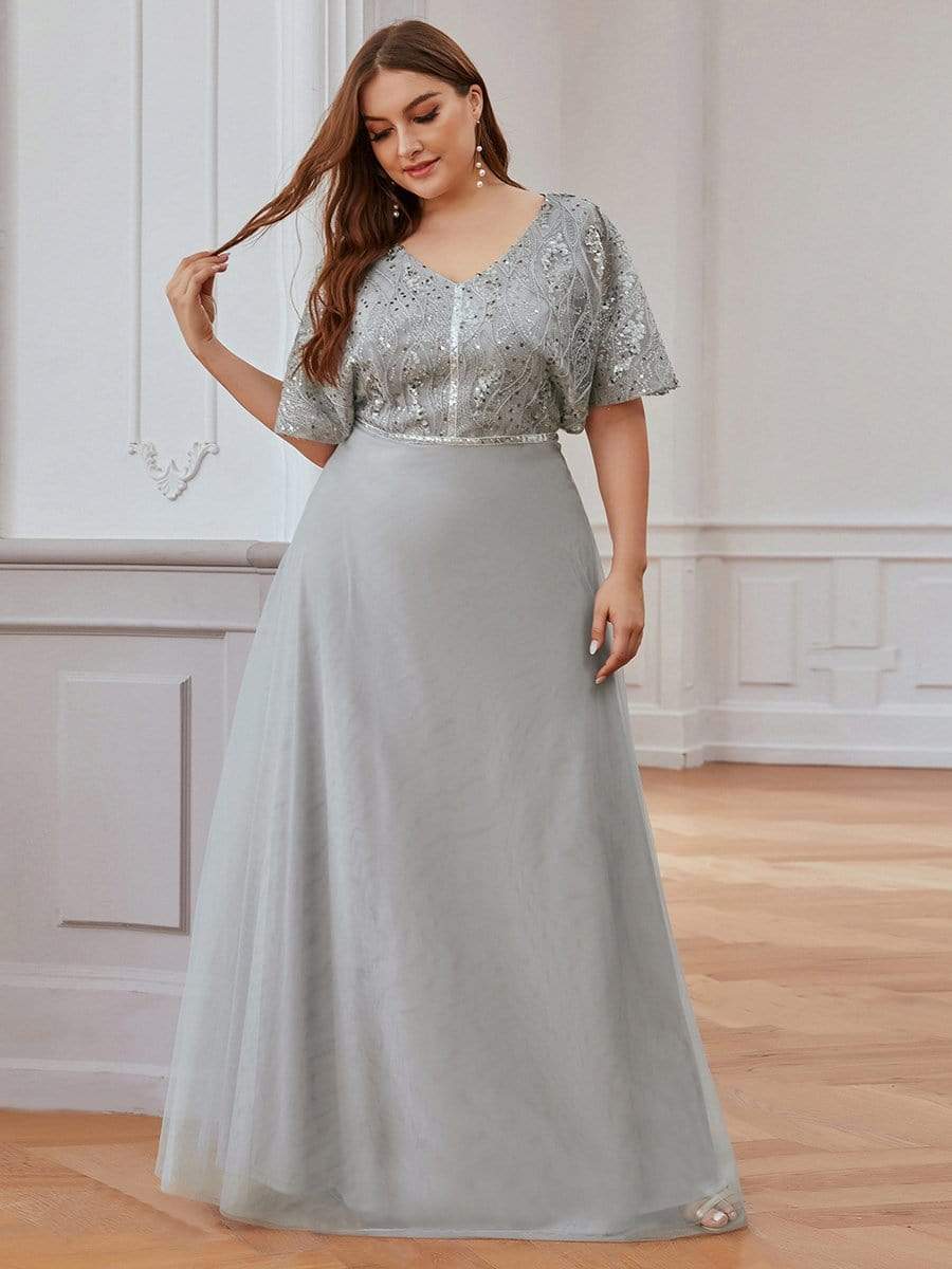 Color=Grey | Elegant V-Neck Tulle Evening Dresses With Paillette Design-Grey 3