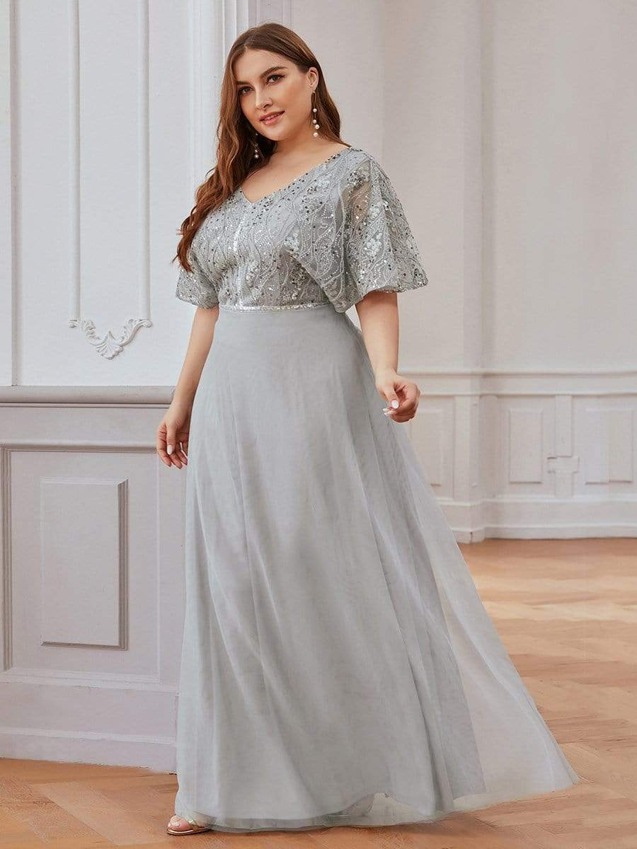 Color=Grey | Elegant V-Neck Tulle Evening Dresses With Paillette Design-Grey 4