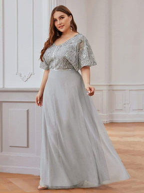 Color=Grey | Elegant V-Neck Tulle Evening Dresses With Paillette Design-Grey 4