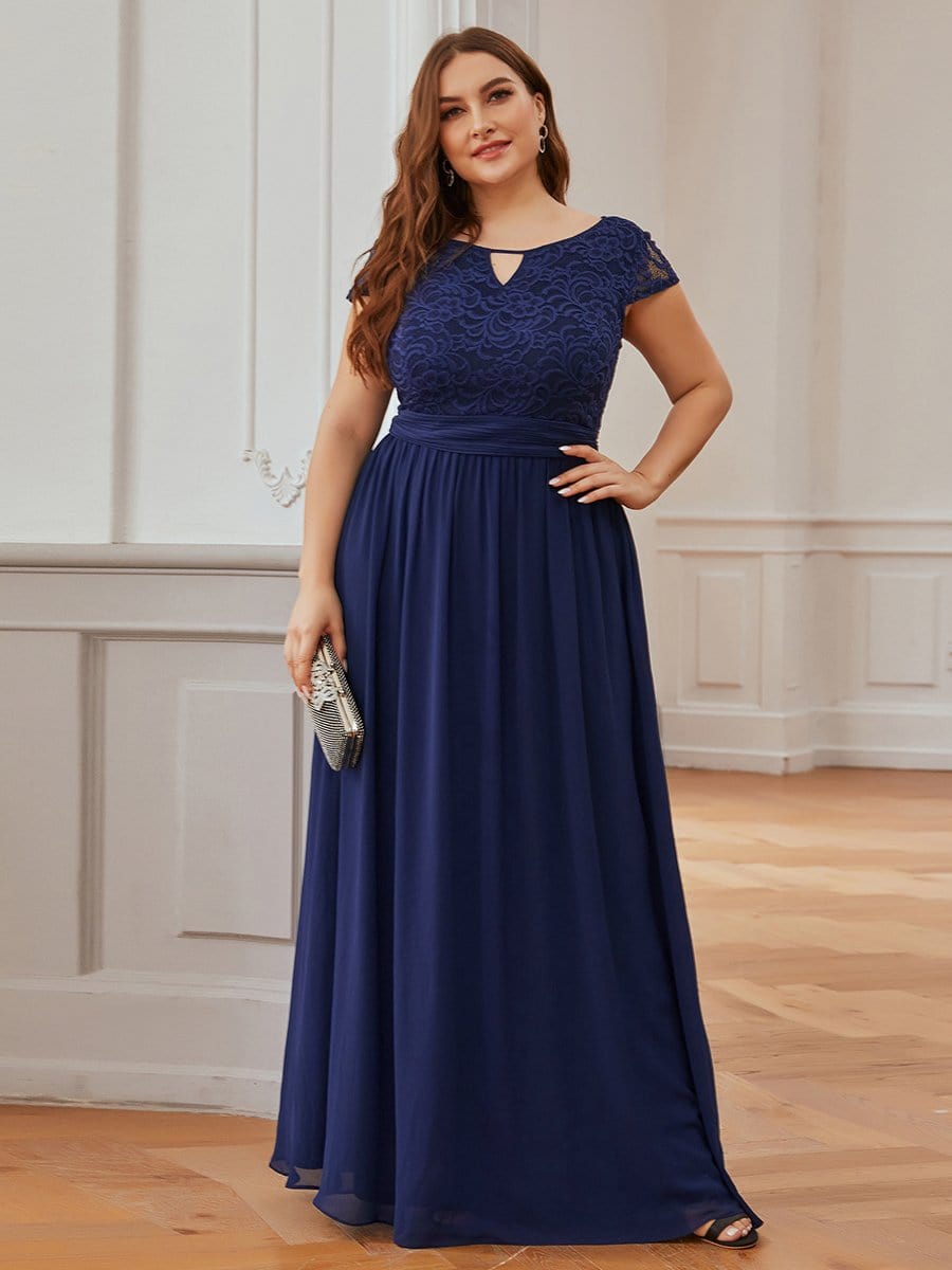 Color=Navy Blue | Alluring Plus Size Round Neckline Lace Evening Dresses-Navy Blue 4