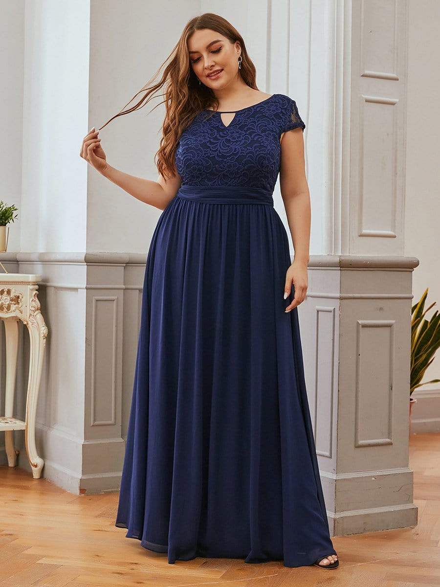 Color=Navy Blue | Alluring Plus Size Round Neckline Lace Evening Dresses-Navy Blue 1