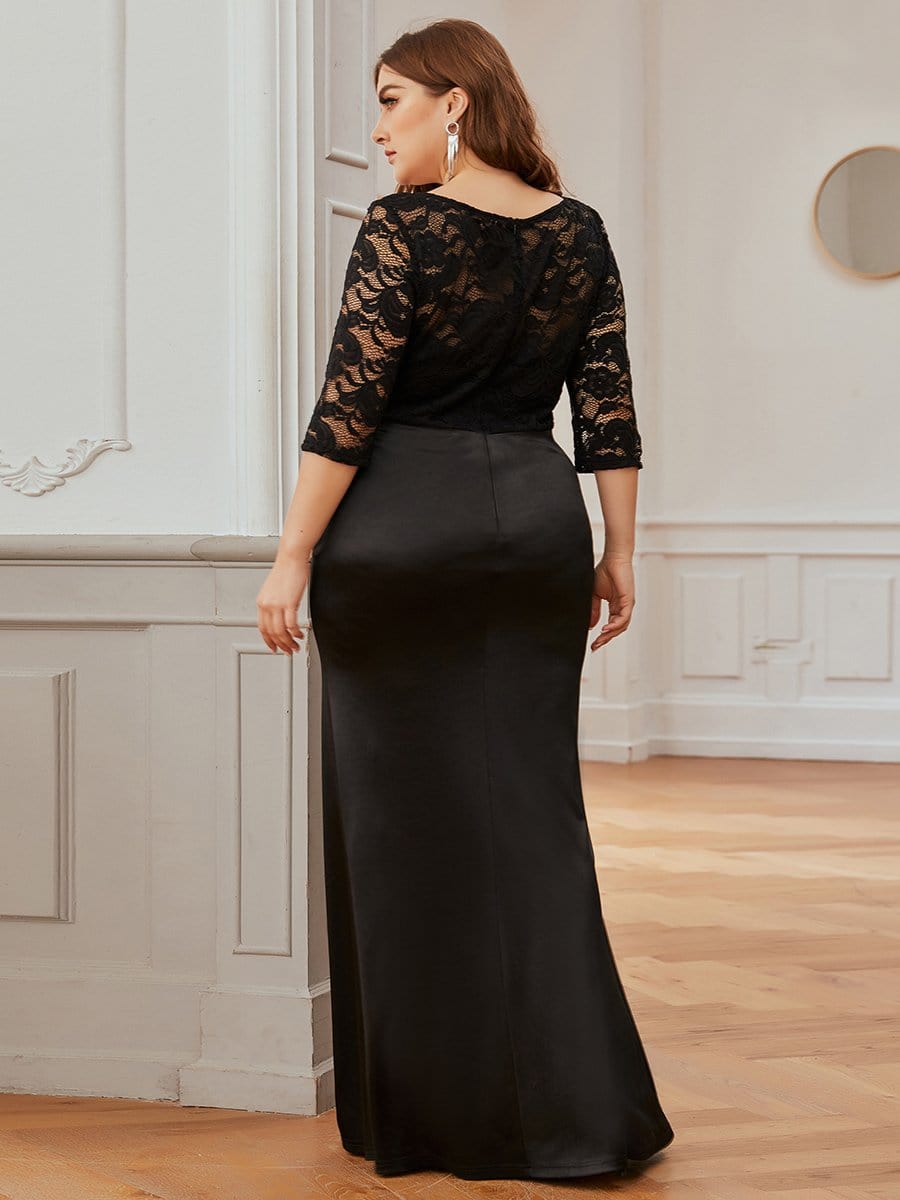 Color=Black | Elegant Plus Size Round Neck Evening Dresses With Half Sleeves-Black 2