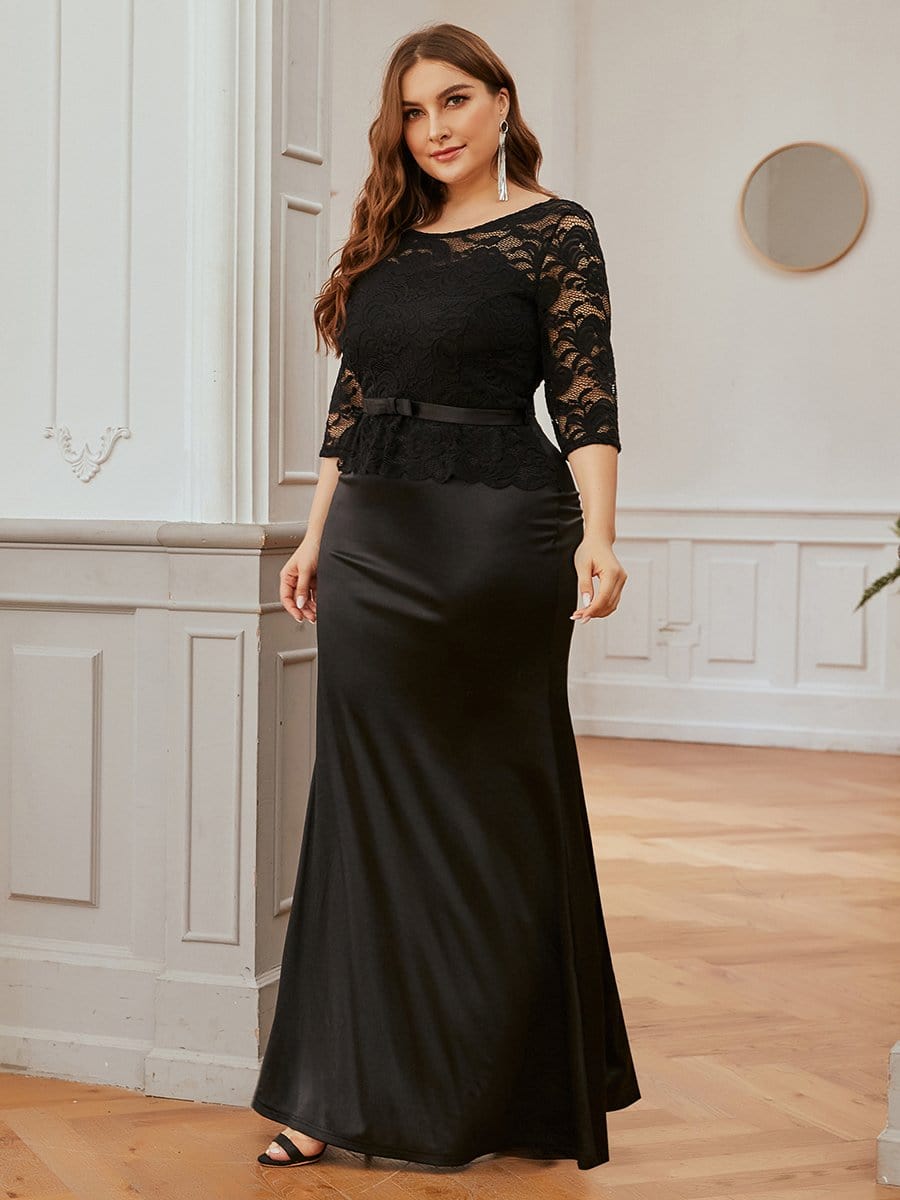 Color=Black | Elegant Plus Size Round Neck Evening Dresses With Half Sleeves-Black 3