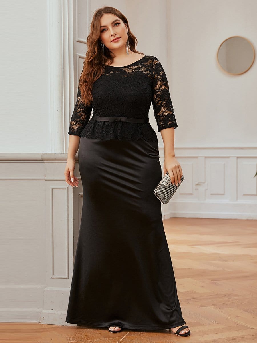 Color=Black | Elegant Plus Size Round Neck Evening Dresses With Half Sleeves-Black 1