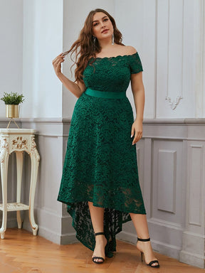 Color=Dark Green | Feminine Plus Size A-Line Lace Evening Dresses With Round Neck-Dark Green 3