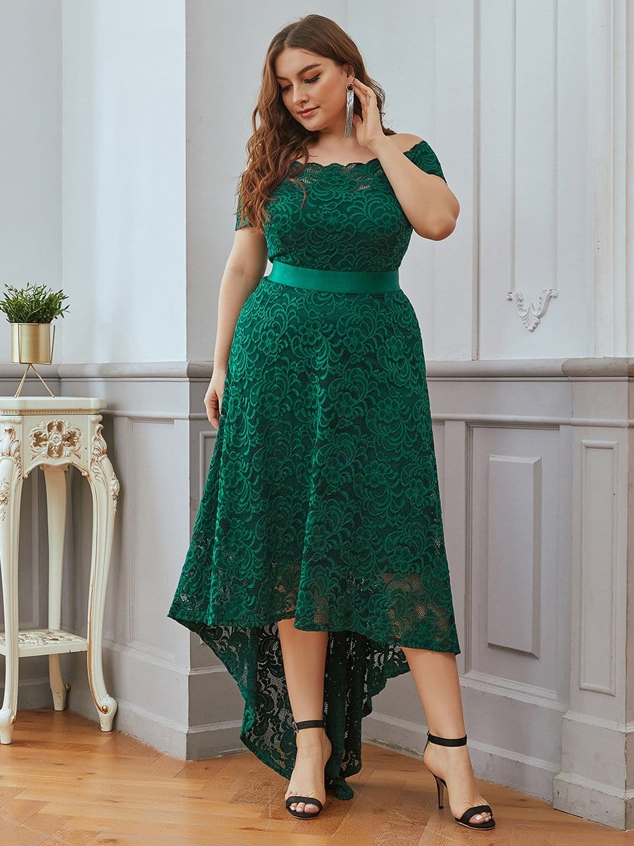 Color=Dark Green | Feminine Plus Size A-Line Lace Evening Dresses With Round Neck-Dark Green 1