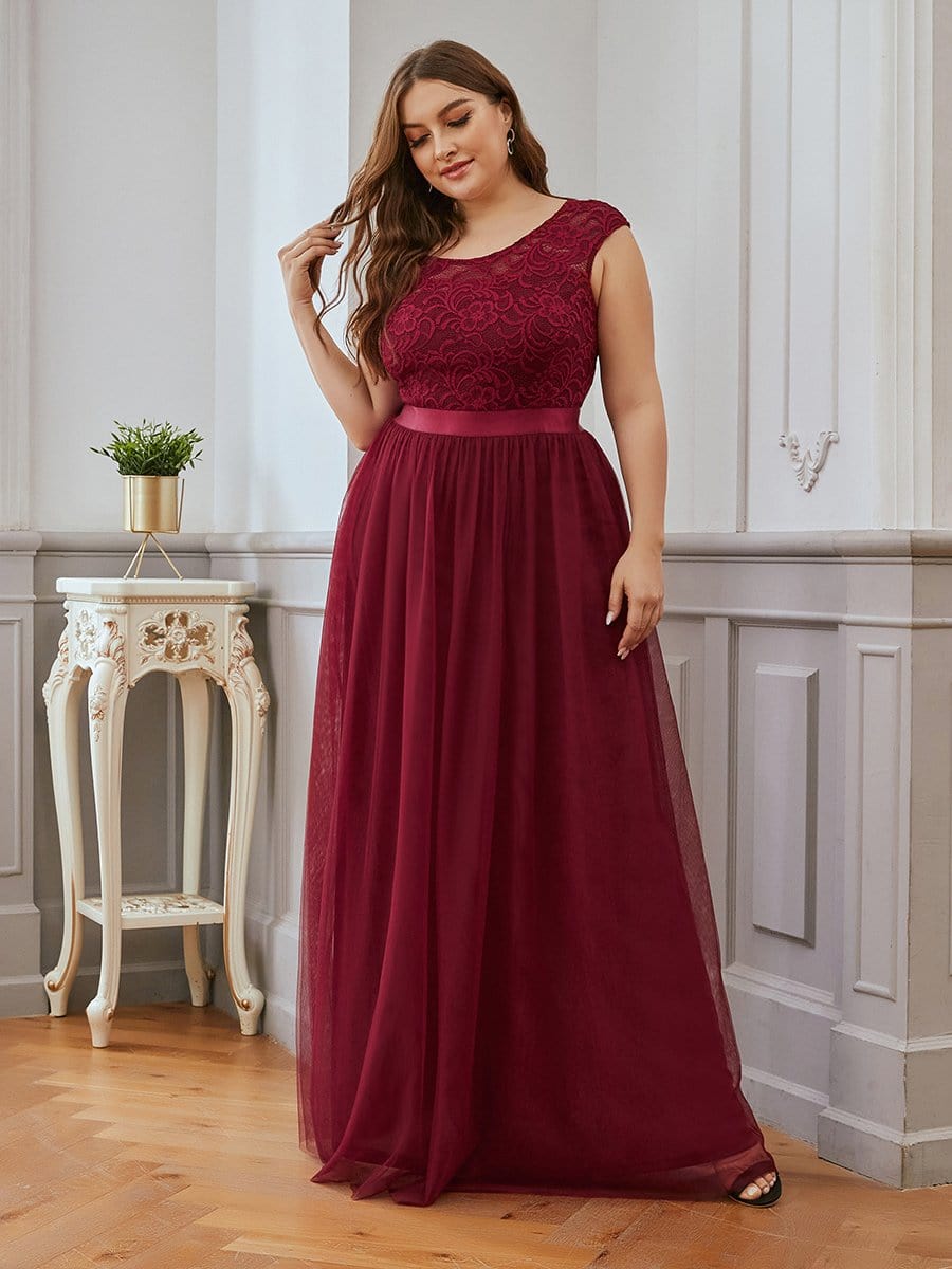 Color=Burgundy | Elegant Plus Size Round Neck Tulip Sleeves Tulle Evening Dresses-Burgundy 1