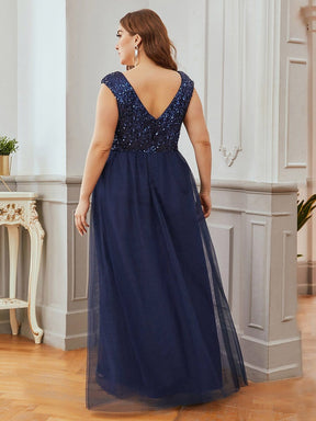 Color=Navy Blue | Gorgeous Sleevesless Double V Neckline Plus Size Tulle Evening Dresses-Navy Blue 2