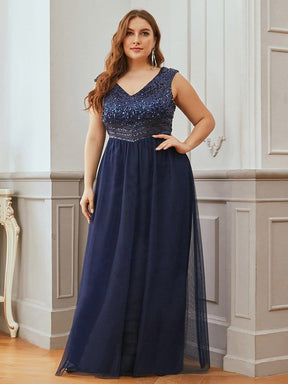 Color=Navy Blue | Gorgeous Sleevesless Double V Neckline Plus Size Tulle Evening Dresses-Navy Blue 3
