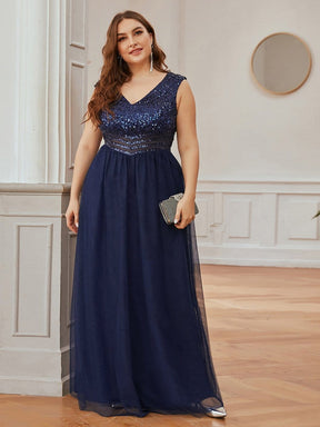Color=Navy Blue | Gorgeous Sleevesless Double V Neckline Plus Size Tulle Evening Dresses-Navy Blue 4