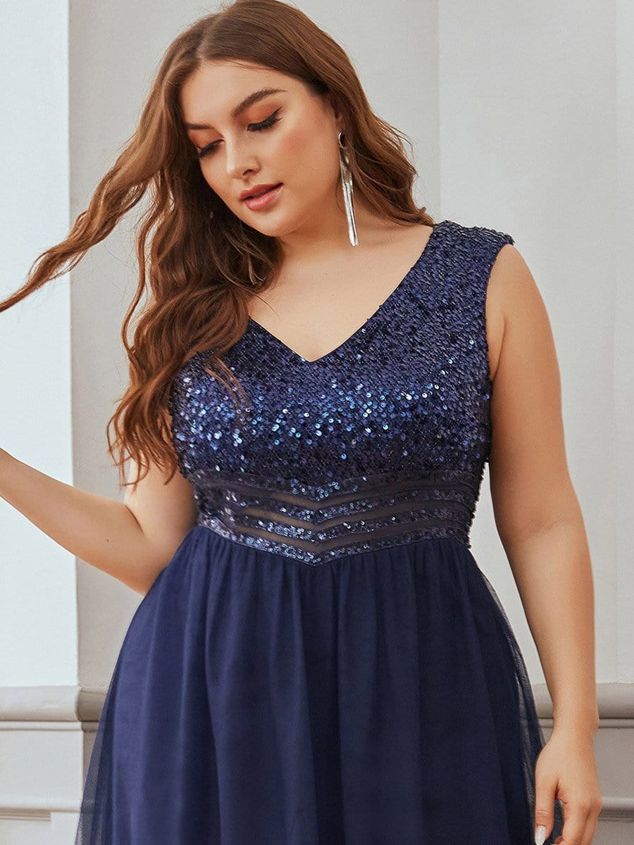 Color=Navy Blue | Gorgeous Sleevesless Double V Neckline Plus Size Tulle Evening Dresses-Navy Blue 5